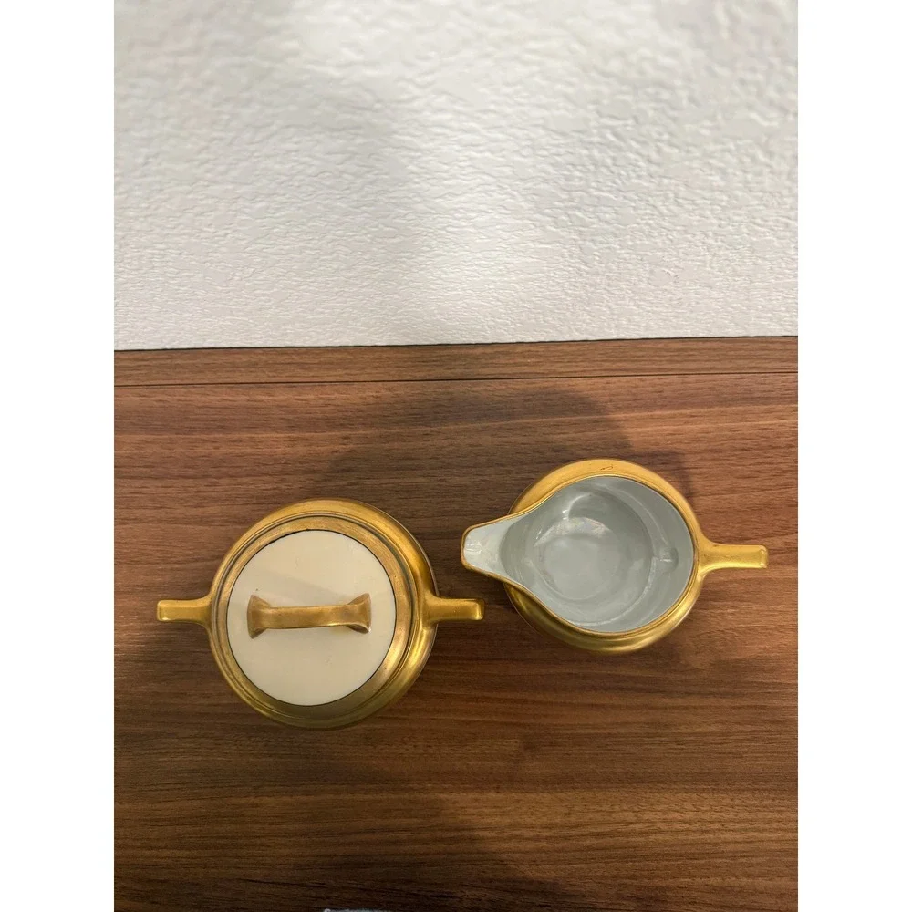 VTG 1940s Germany F.D. Husf Cream Gold Gilding Trim Sugar Bowl Lid & Creamer Set